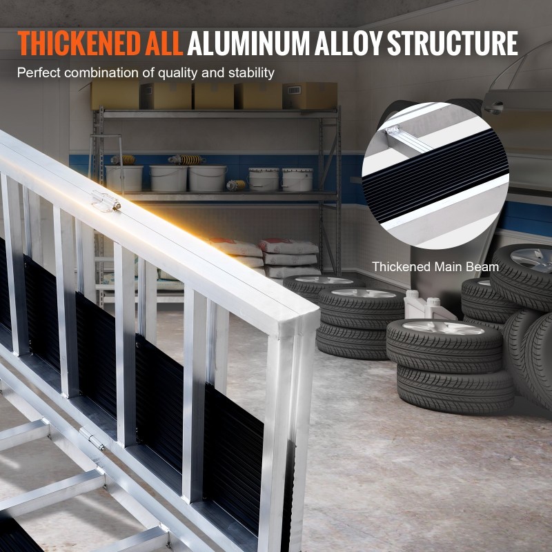 Kolmiosainen alumiiniseosramppi 2160x1375 mm taittuva 680 kg kantavuus mönkijöille ja ruohonleikkureille