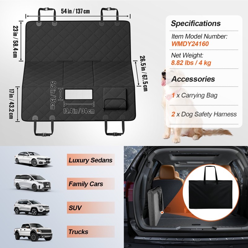 Takapenkkisuoja koiralle vedenpitävä 600D Oxford-kangas verkkopaneeli säilytystasku 1680 x 1360 mm