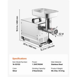 Pöytämallinen ruostumaton teräs lihamylly 1100 W makkarasuuttimilla ammattikäyttöön