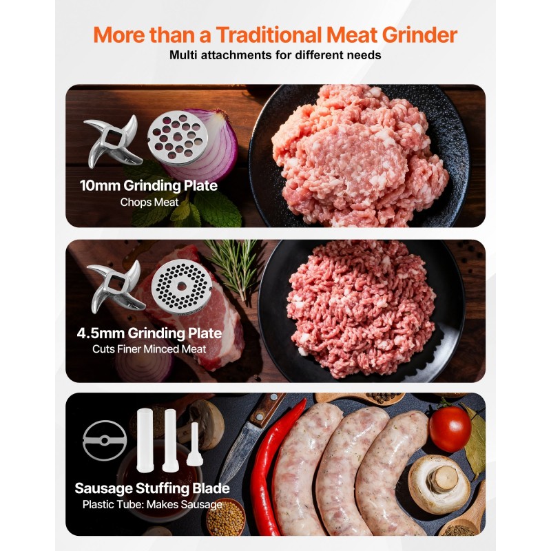 Sähköinen lihamylly ruostumaton teräs 300 watin viisi paunaa minuutissa kolme erikokoista makkarantekoputkea