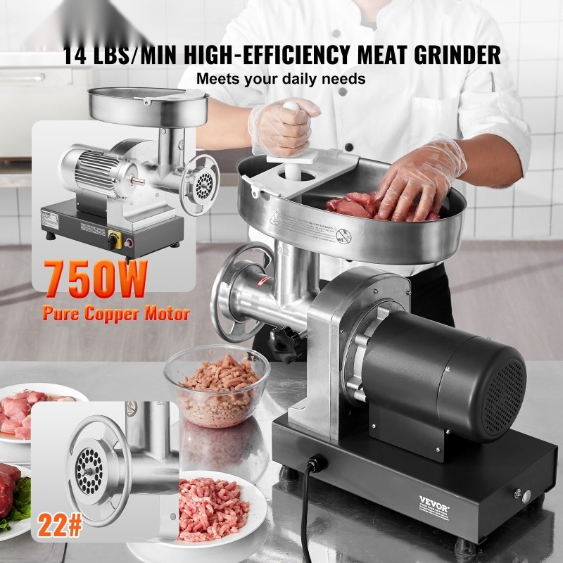 Sähköinen lihamylly 750 watin ruostumaton teräs 22-koko kolme makkarasuutinta