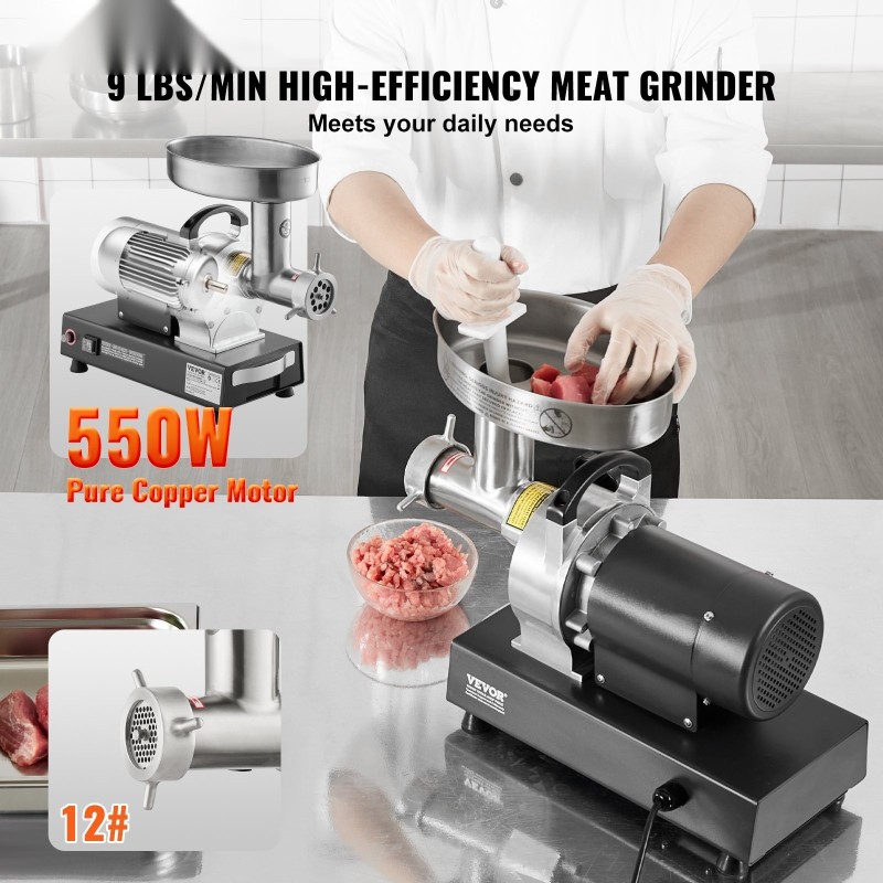 Sähköinen pöytämallinen lihamylly 550 W ruostumaton teräs 3 makkarasuutinta 9 paunaa minuutissa