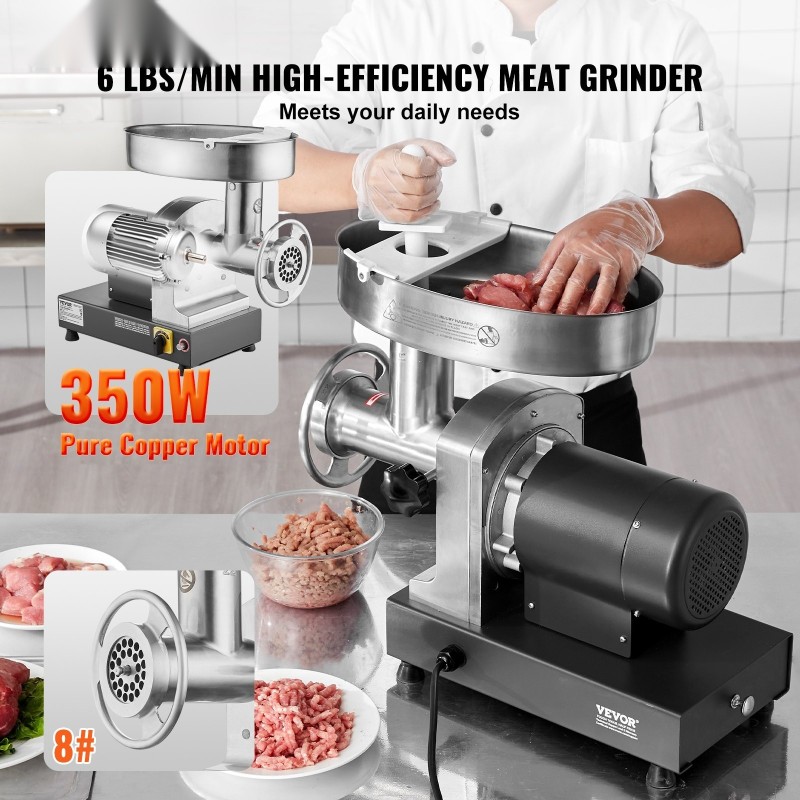 Sähköinen lihamylly ruostumatonta terästä 350 wattia kuusi paunaa minuutissa kolme makkarasuutinta