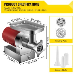 Sähköinen lihamylly ruostumaton teräs 1100 wattia 300 kilogrammaa tunnissa kaksi jauhatuslevyä makkarasarja