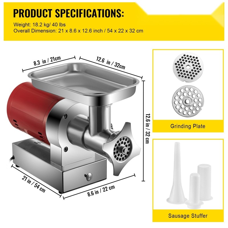 Sähköinen lihamylly ruostumaton teräs 1100 wattia 300 kilogrammaa tunnissa kaksi jauhatuslevyä makkarasarja