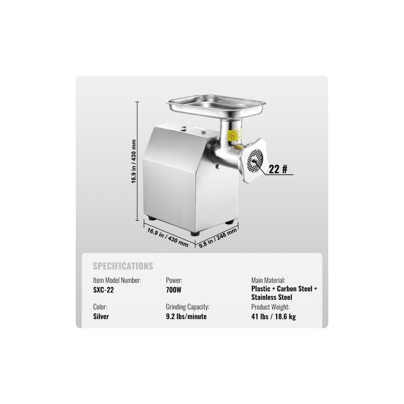 Sähköinen pöytämallinen lihamylly ruostumatonta terästä 700 W 4,2 kg/min 3 makkarasuutinta