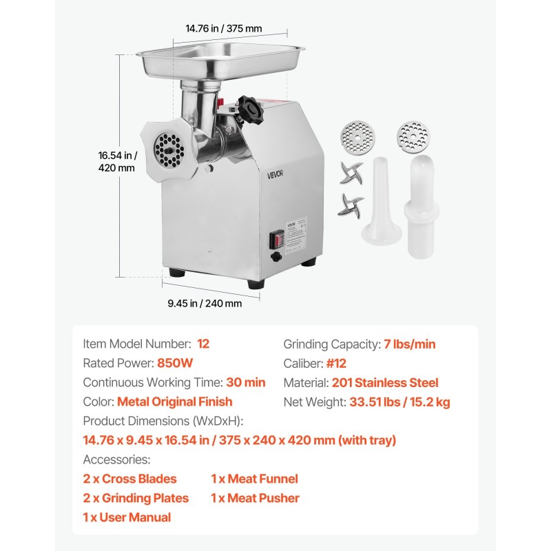 Pöytämallinen ruostumaton teräs lihamylly 850 wattinen malli 12 3,2 kilogrammaa minuutissa