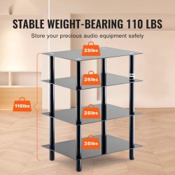 4-tasoinen AV-mediateline säädettävillä karkaistuilla lasihyllyillä jauhemaalattu rautarunko