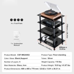 4-tasoinen AV-mediateline säädettävillä karkaistuilla lasihyllyillä jauhemaalattu rautarunko