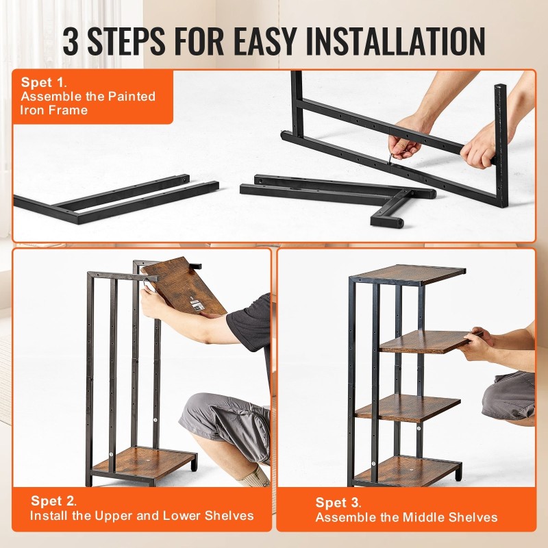 4-tasoinen kulmamallinen AV-mediateline PB-levyhyllyillä ja jauhemaalatulla teräsrungolla säädettävillä hyllykorkeuksilla