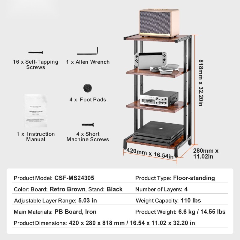 4-tasoinen kulmamallinen AV-mediateline PB-levyhyllyillä ja jauhemaalatulla teräsrungolla säädettävillä hyllykorkeuksilla