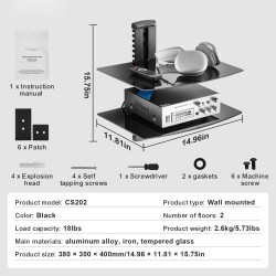Seinään asennettava 2-tasoinen karkaistu lasihylly TV-laitteille musta säädettävä