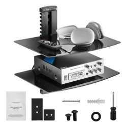 Seinään asennettava 2-tasoinen karkaistu lasihylly TV-laitteille musta säädettävä