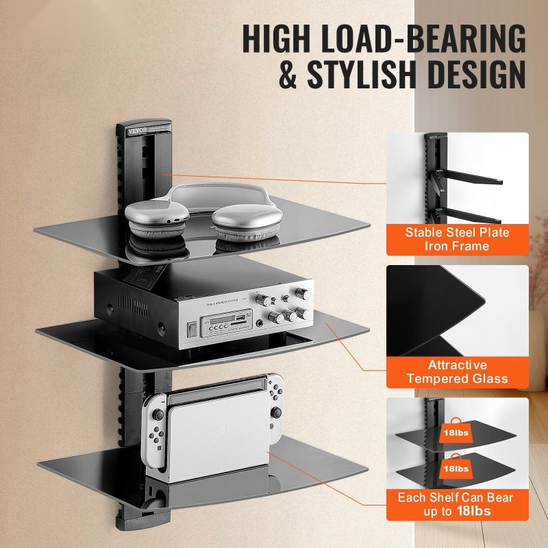 Seinäkiinnitteinen 3-tasoinen karkaistu lasihylly audiovisuaalisille laitteille musta metallirunko