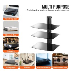 Seinäkiinnitteinen 3-tasoinen karkaistu lasihylly audiovisuaalisille laitteille musta metallirunko