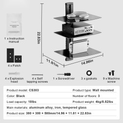 Seinäkiinnitteinen 3-tasoinen karkaistu lasihylly audiovisuaalisille laitteille musta metallirunko