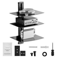 Seinäkiinnitteinen 3-tasoinen karkaistu lasihylly audiovisuaalisille laitteille musta metallirunko