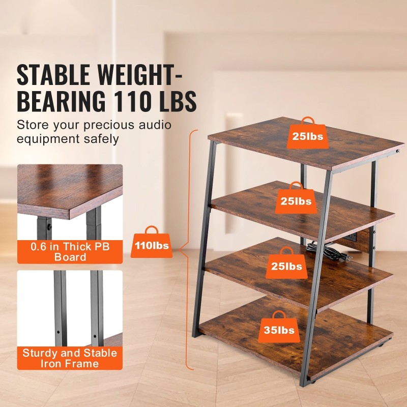 Lattiatasoinen 4-tasoinen kulmateline PB-levyinen rautarunko säädettävät hyllyt integroidut pistorasiat LED-valaistus