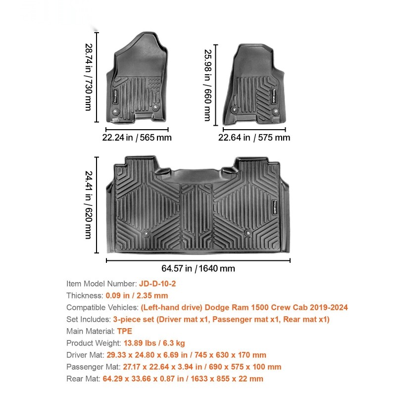 Lattiamatot TPE-materiaalia 3-osainen sarja etu- ja toisen rivin Dodge Ram 1500 2019–2024