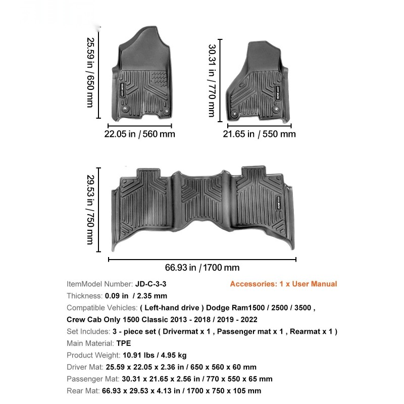 Auton lattiamatot TPE-muovi 3-osainen Dodge Ram Crew Cab vasemmanpuoleiseen ohjaukseen musta