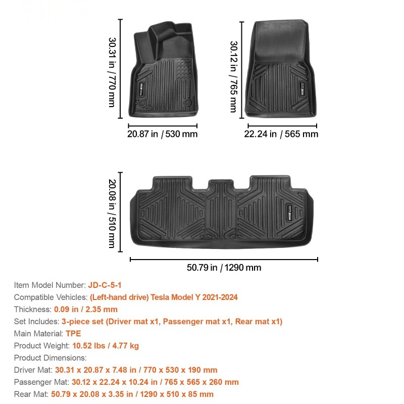 Lattiamatot TPE Tesla malli Y 2021–2024 3-osainen etu ja takarivi musta