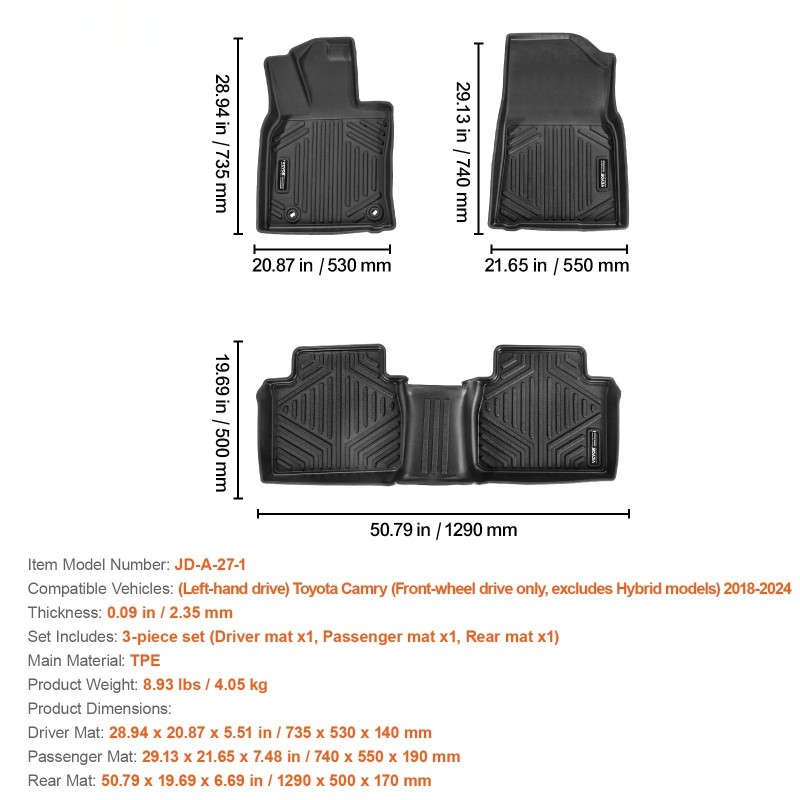Auton lattiamatot TPE 3-osainen sarja Toyota Camry 2018–2024 etuveto vasemmanpuoleinen ohjaus