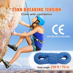 Dynaaminen kiipeilyköysi 10,2 mm 70 m 25 kN ANSI-sertifioitu teräksisillä pikalukoilla