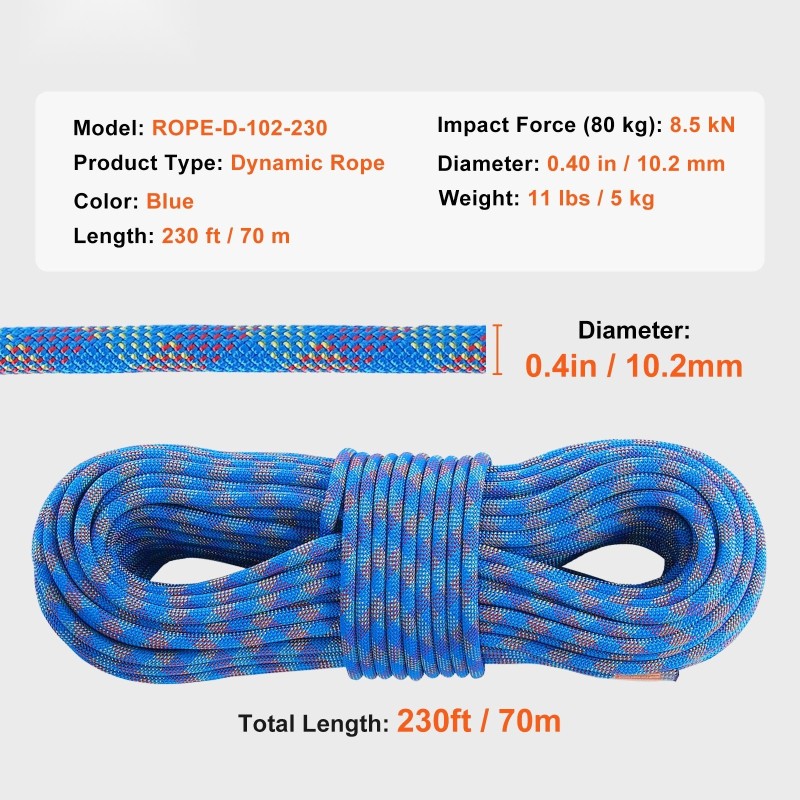 Dynaaminen kiipeilyköysi 10,2 mm 70 m 25 kN ANSI-sertifioitu teräksisillä pikalukoilla