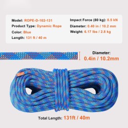Dynaaminen kiipeilyköysi 10,2 mm 40 m 25 kN sininen teräksisillä lukituskoukuilla