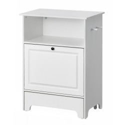 Koiran ruokinta asema nostetuilla kulhoilla melamiinipintainen valkoinen kaksi ruostumatonta kulhoa säilytystilalla