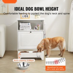 Koiran ruokinta-asema nostetuilla kulhoilla melamiinipintainen valkoinen kaksi ruostumatonta kulhoa säilytystilalla