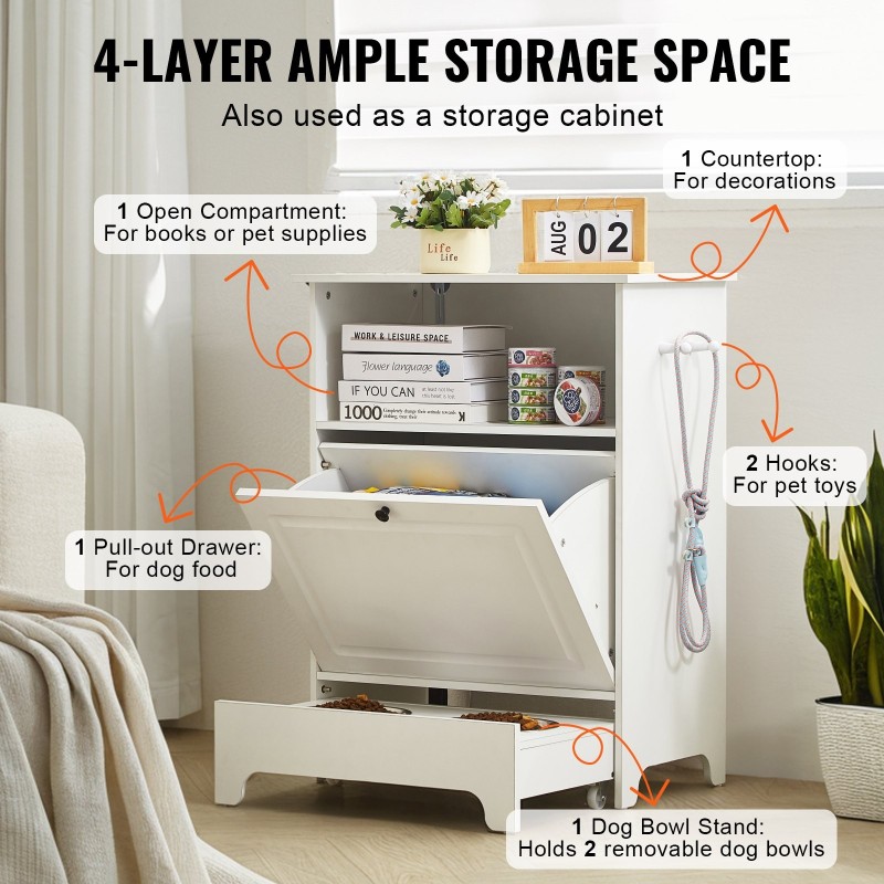 Koiran ruokinta-asema nostetuilla kulhoilla melamiinipintainen valkoinen kaksi ruostumatonta kulhoa säilytystilalla