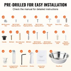 Koiran ruokinta-asema nostetuilla kulhoilla melamiinipintainen valkoinen kaksi ruostumatonta kulhoa säilytystilalla