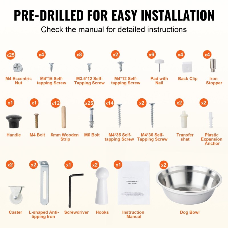 Koiran ruokinta-asema nostetuilla kulhoilla melamiinipintainen valkoinen kaksi ruostumatonta kulhoa säilytystilalla