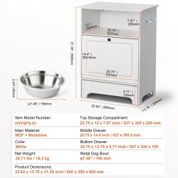 Koiran ruokinta-asema nostetuilla kulhoilla melamiinipintainen valkoinen kaksi ruostumatonta kulhoa säilytystilalla