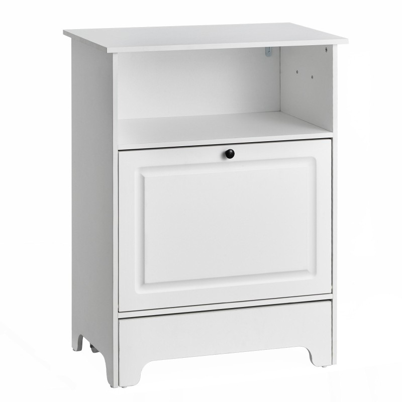 Koiran ruokinta-asema nostetuilla kulhoilla melamiinipintainen valkoinen kaksi ruostumatonta kulhoa säilytystilalla