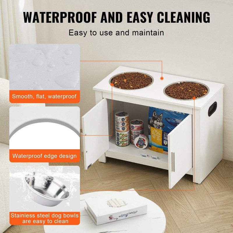 Korotettu koiran ruokintapiste valkoinen melamiini kaksi ruostumatonta teräskulhoa säilytyskaappi