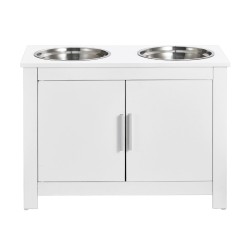 Korotettu koiran ruokintapiste valkoinen melamiini kaksi ruostumatonta teräskulhoa säilytyskaappi