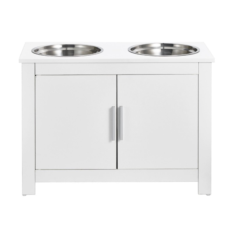 Korotettu koiran ruokintapiste valkoinen melamiini kaksi ruostumatonta teräskulhoa säilytyskaappi