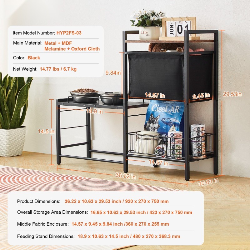 Korotettu koiran ruokakuppiteline säädettävällä korkeudella metallirungolla ja säilytyskaapilla sopii eri kokoisille koirille