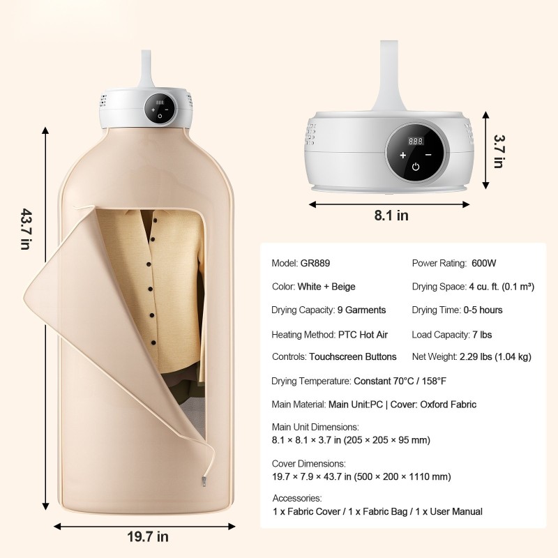 Kannettava taitettava vaatekuivain PTC-lämmitys LED-näyttö 9 vaatetta 600W