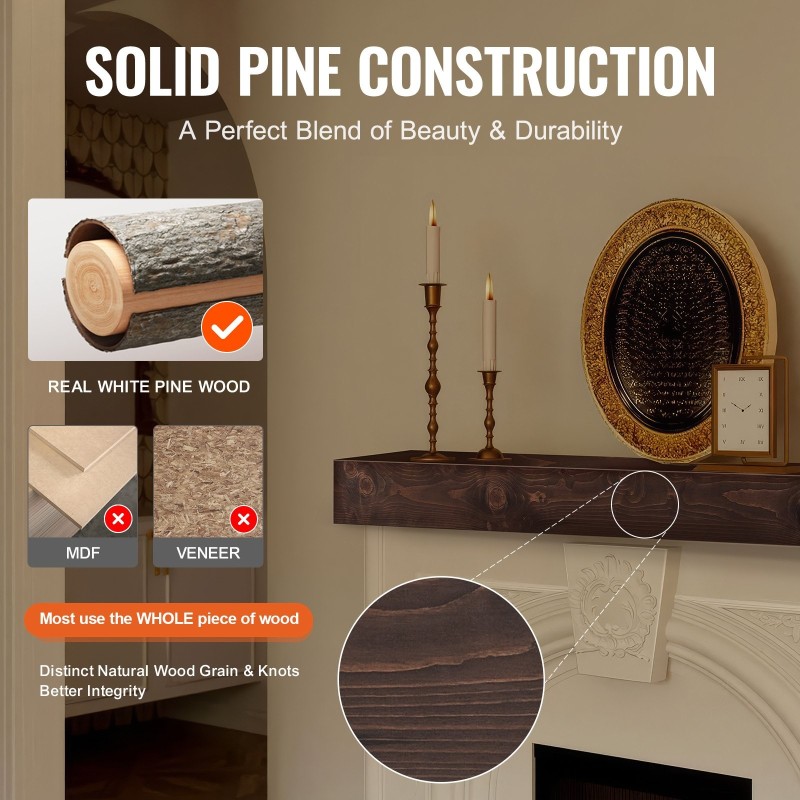 Kelluva takkahylly valkoisesta mäntypuusta 72 x 8 x 5 tuumaa