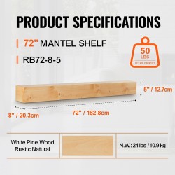 Seinälle asennettava kelluva takkahylly valkomäntyinen 72x8x5 tuumaa kantavuus 22,7 kg