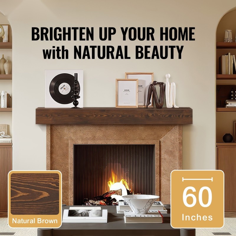 Seinälle asennettava valkomäntyinen kelluva takkahylly 60 tuumaa 8 tuumaa 6 tuumaa