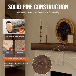 Seinälle asennettava valkomäntyinen kelluva takkahylly 60 tuumaa 8 tuumaa 6 tuumaa