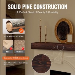 Seinäasennettava leijuva takkahylly valkoista mäntypuuta rustiikin ruskea 22,7 kg kantavuus