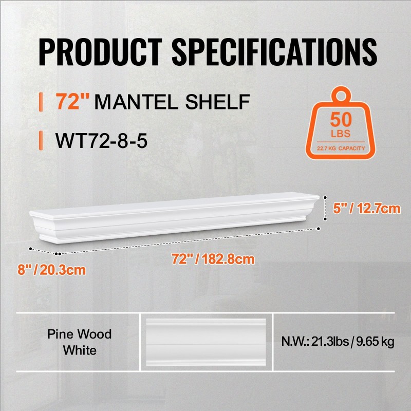 Seinään kiinnitettävä mäntypuinen takkahylly 72 x 8 x 5 tuumaa valkoinen