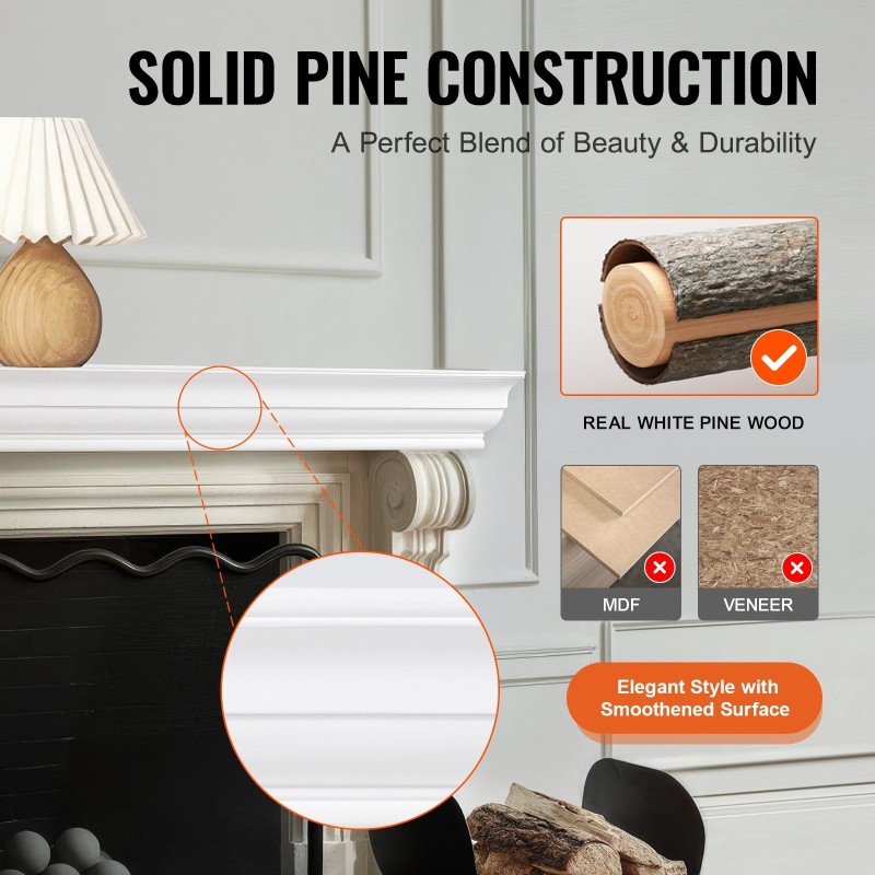 Seinään kiinnitettävä mäntypuinen takkahylly 72 x 8 x 5 tuumaa valkoinen