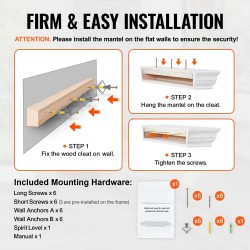 Seinään kiinnitettävä mäntypuinen takkahylly 72 x 8 x 5 tuumaa valkoinen