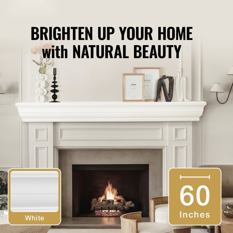 Seinälle asennettava takkahylly mäntypuusta 60 tuumaa leveä valkoinen kantavuus 22,7 kg